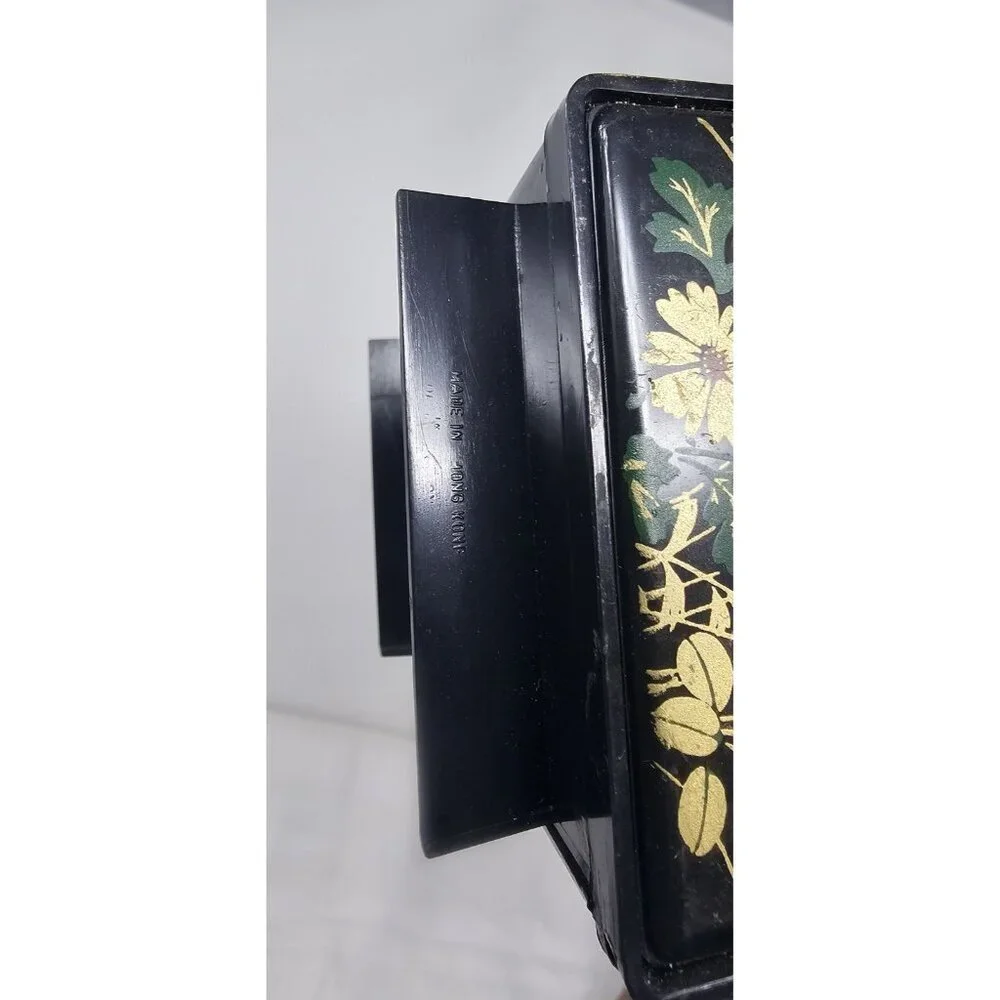 Vintage Hong Kong Black Vanity Jewelry Trinket Box Flip Rotating Mirror Floral